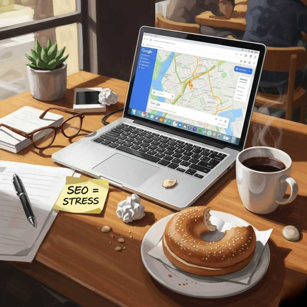 SEO stress: coffee, bagel, Google Maps
