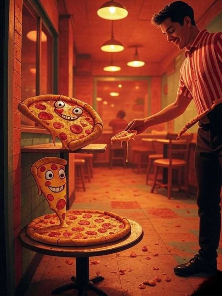 Crooked pizza shop, waiter drops slice, goofy cartoon grin.