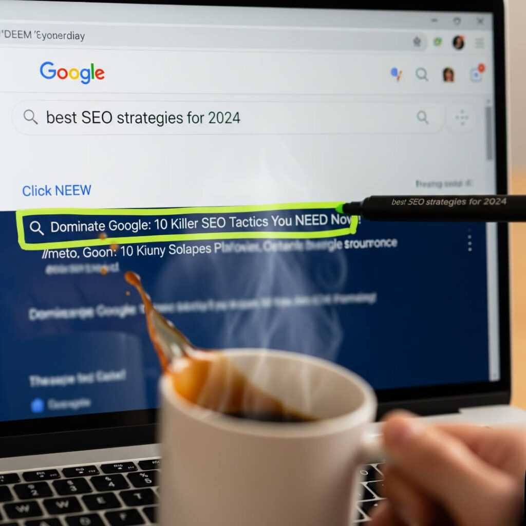 Laptop screen, Google search, title tag, coffee spill