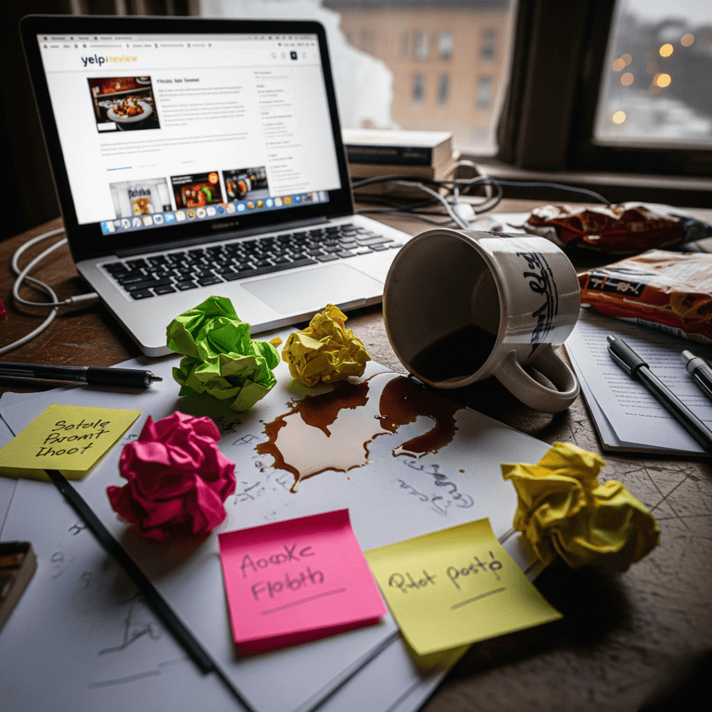 Messy desk, laptop, spilled coffee, crumpled notes.
