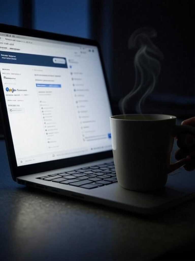 Laptop screen, shaky hand, coffee mug, late night.