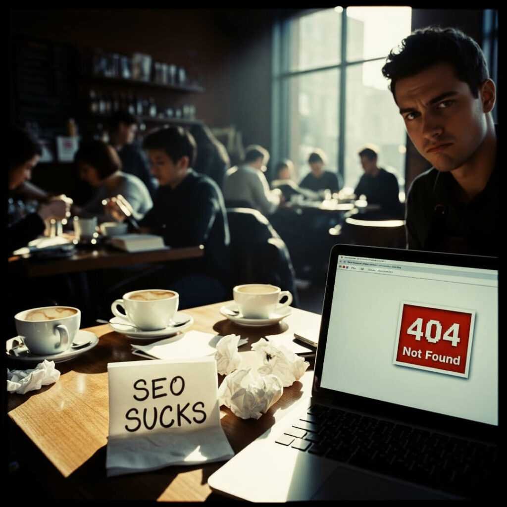Man in coffee shop with crashed laptop and "SEO SUCKS" note