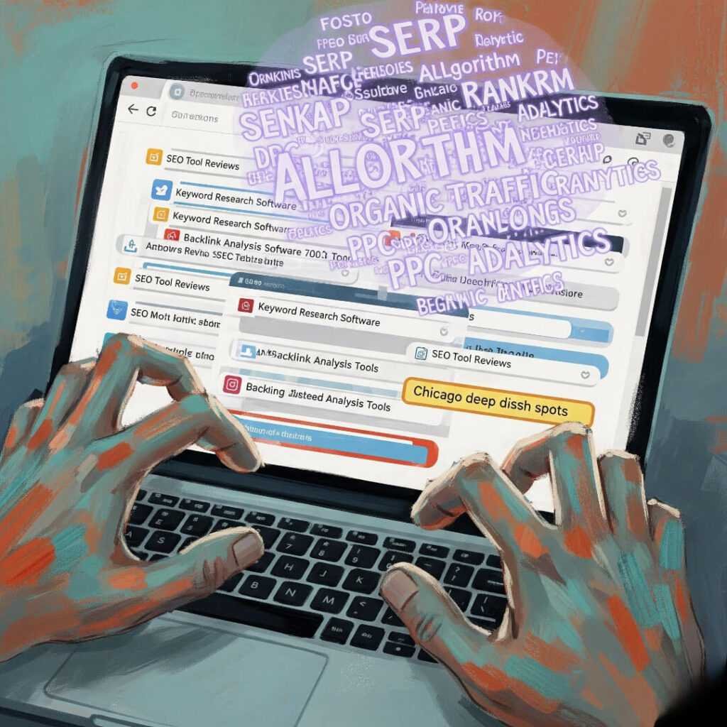 Hands fumbling keyboard, SEO tabs, Chicago pizza tab, keywords