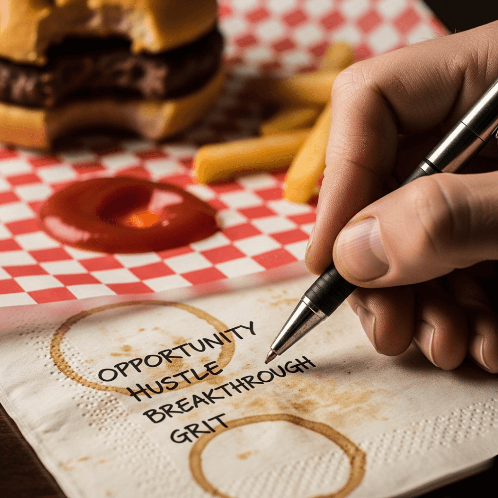 Hand scribbling keywords on a greasy diner napkin.