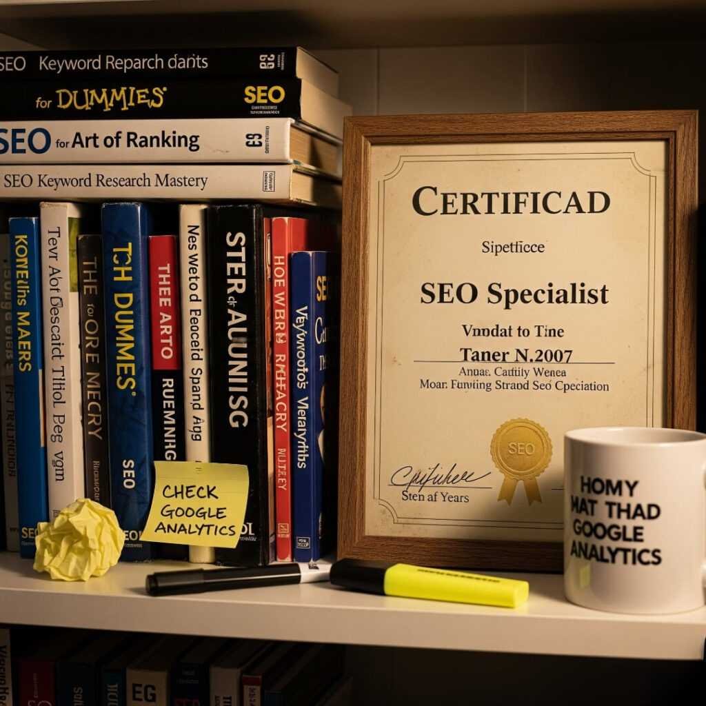 SEO books, certificate on quirky shelf
