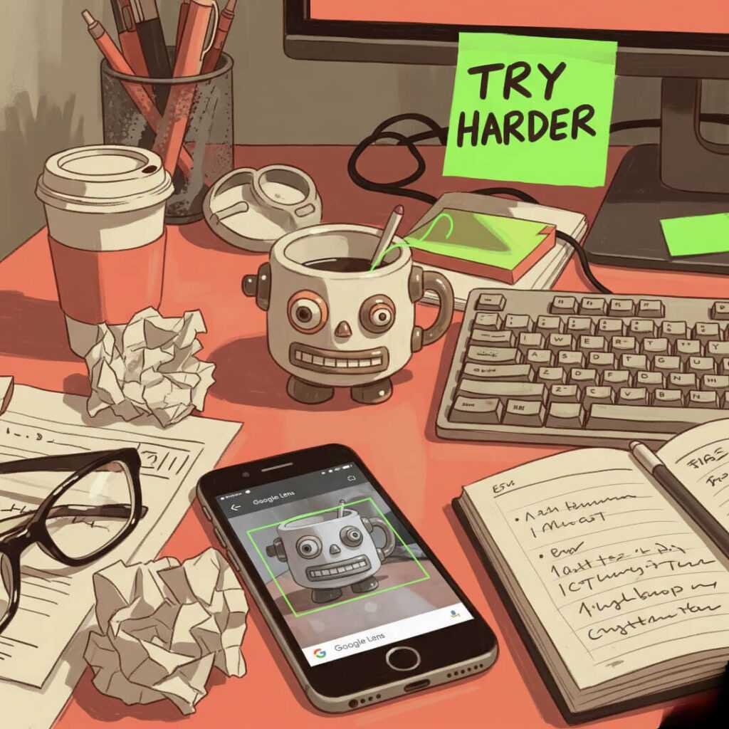 Cluttered desk with robot mug and "Try harder" note