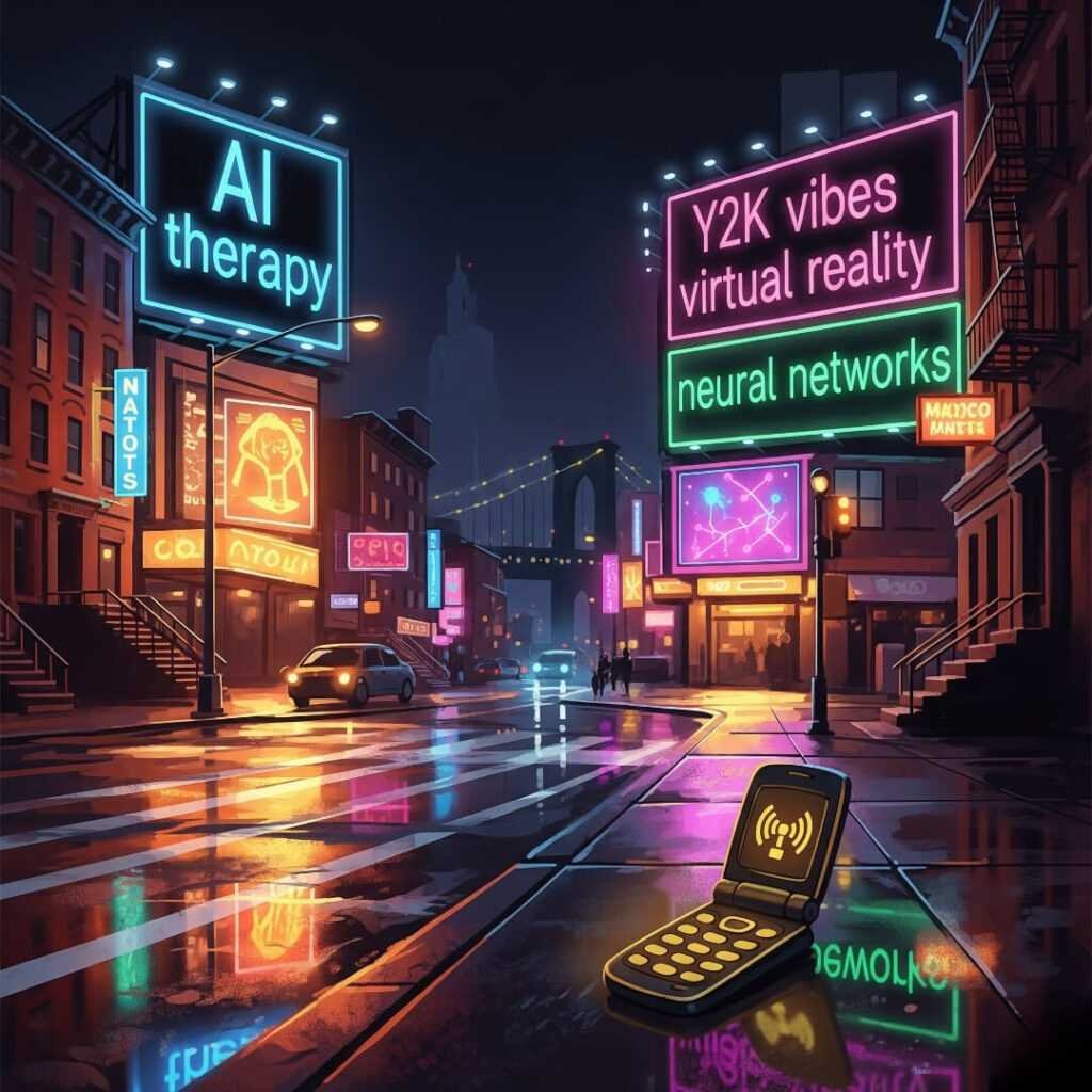 Brooklyn street, neon "AI therapy" billboards, glowing flip phone