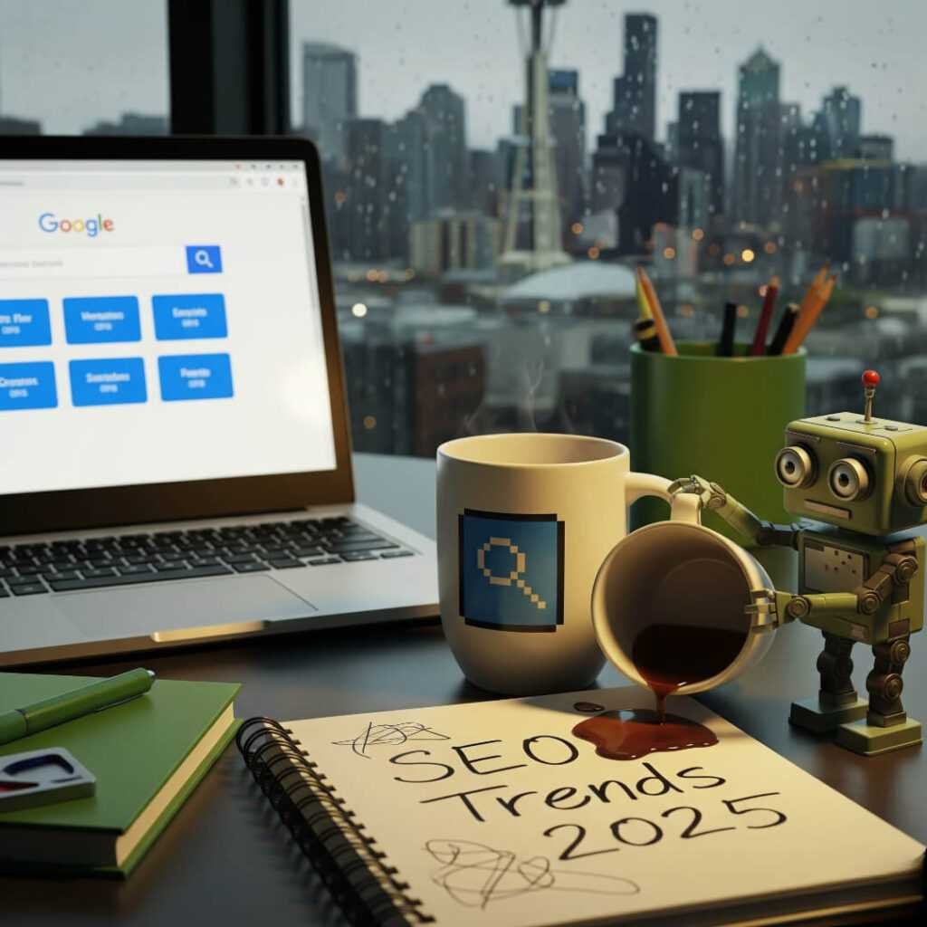 Desk with laptop, coffee, "SEO Trends 2025" notebook, robot