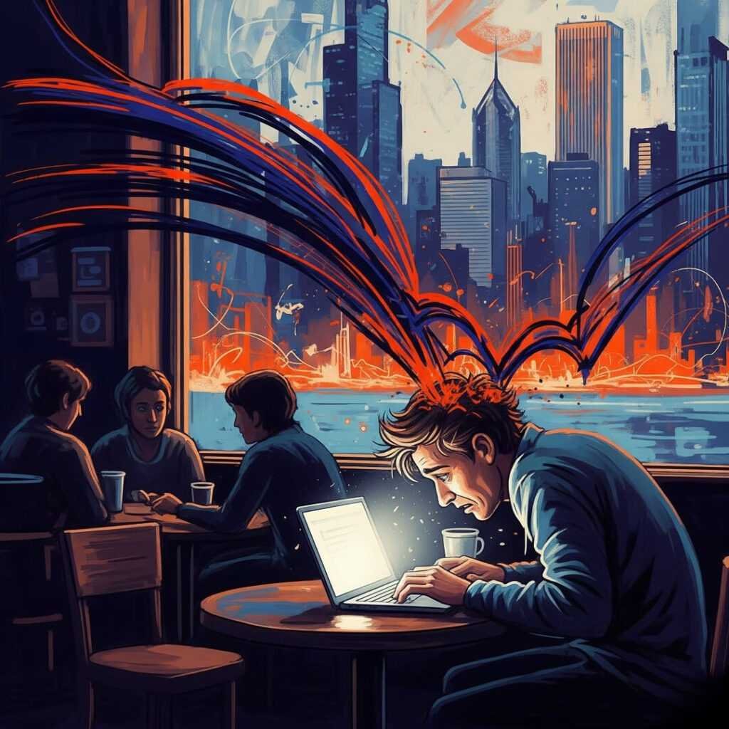 Stressed freelancer at laptop in Chicago coffee shop