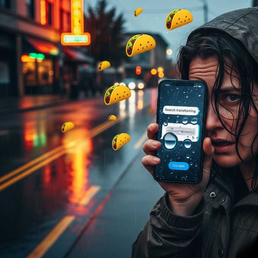 Rainy street, phone, glitching chatbot, taco emojis