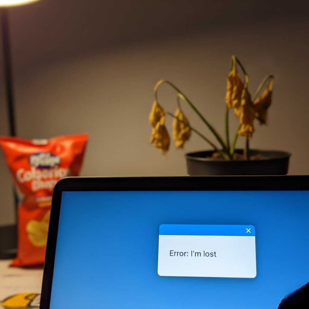 Laptop with "Error: I'm lost" pop-up