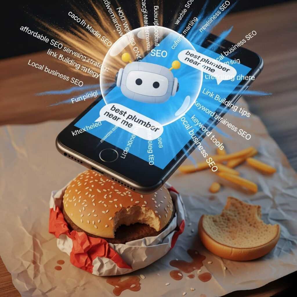 Phone dropping, chatbot SEO keywords, burger wrapper.Phone dropping, chatbot SEO keywords, burger wrapper.