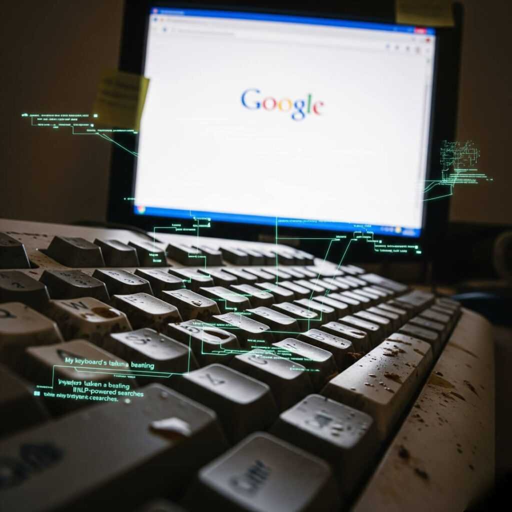 Coffee-stained keyboard with Google homepage and digital text.
