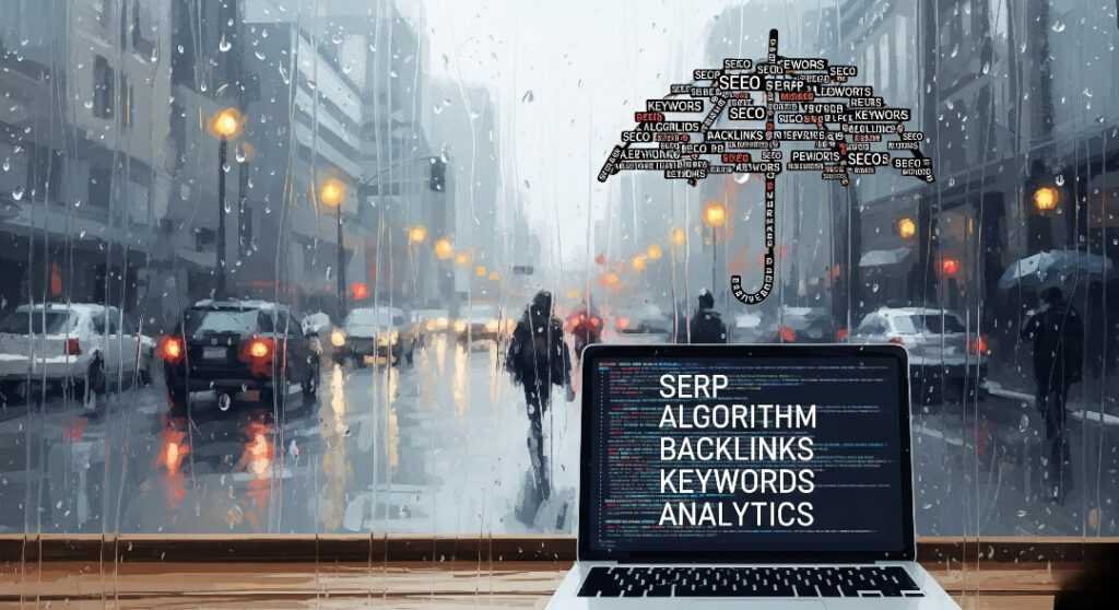 Rainy Seattle street through cafe window, laptop with SEO buzzwords.