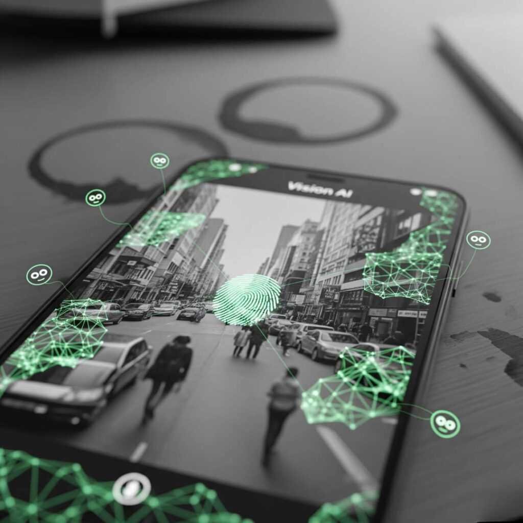 Vision AI analyzing urban street, with neural network patterns.