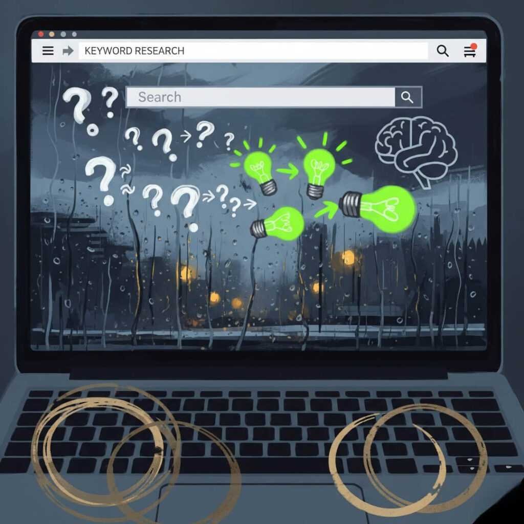 Laptop screen with keyword research and coffee stains