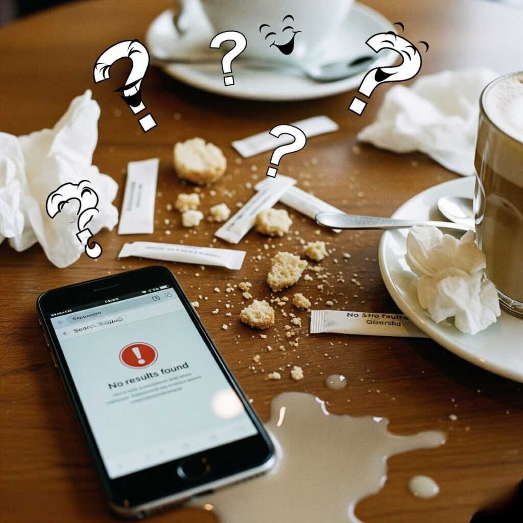 Messy cafe table, failed search, laughing question marks.