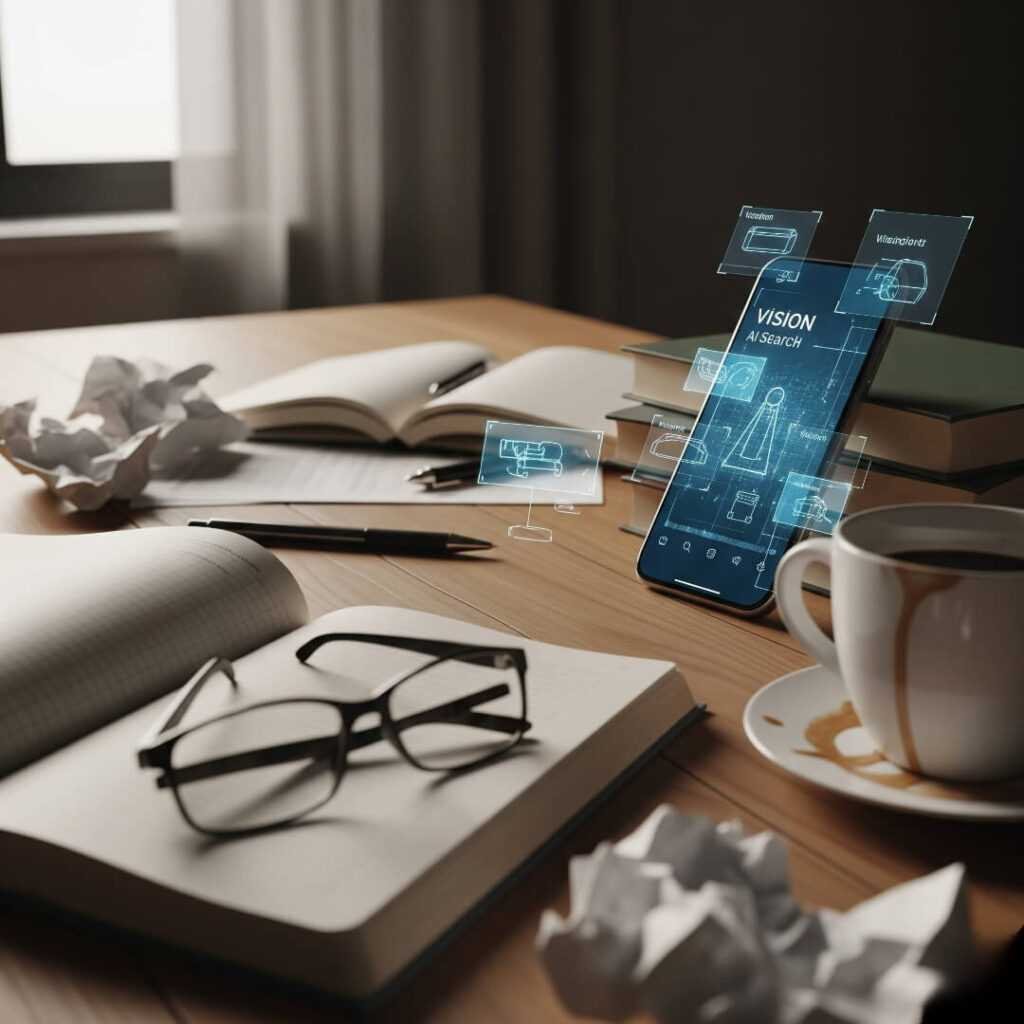Desk with phone showing vision AI search.