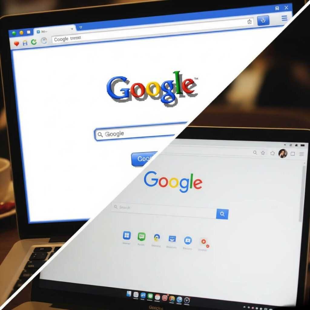 Split image: 2000s and modern Google homepage.