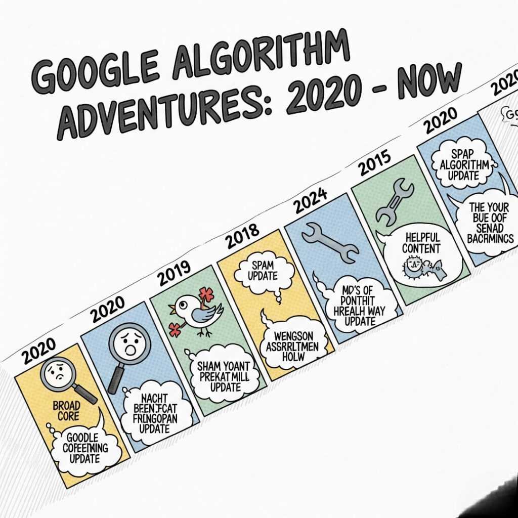 Google algorithm updates 2020-now comic timeline.