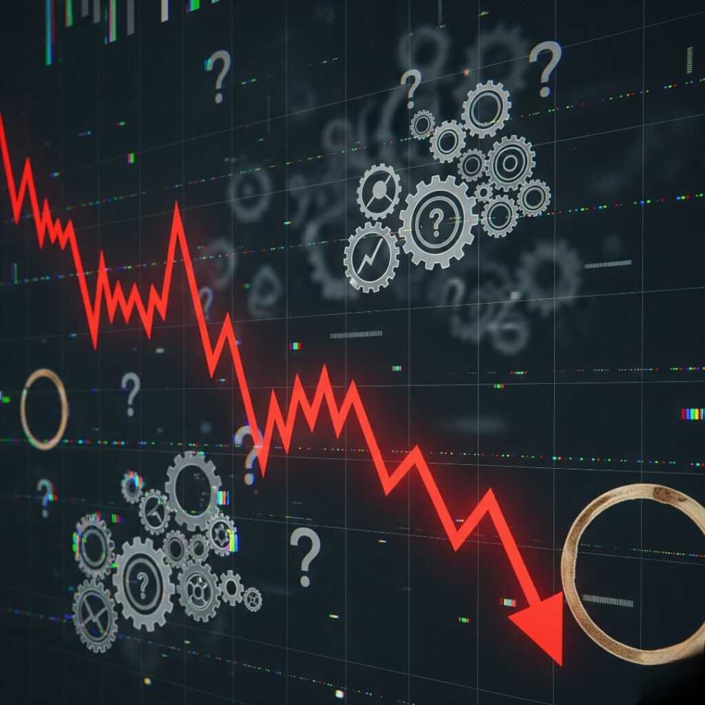 Plummeting red graph with hidden gears and question marks.