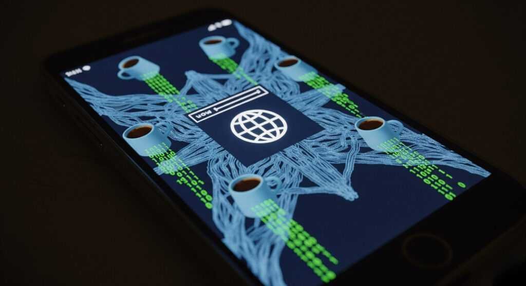 Glowing backlinks on phone screen with coffee and binary