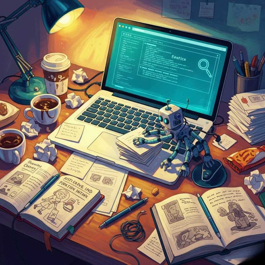 An impressionistic painting of a cluttered desk with a robot.