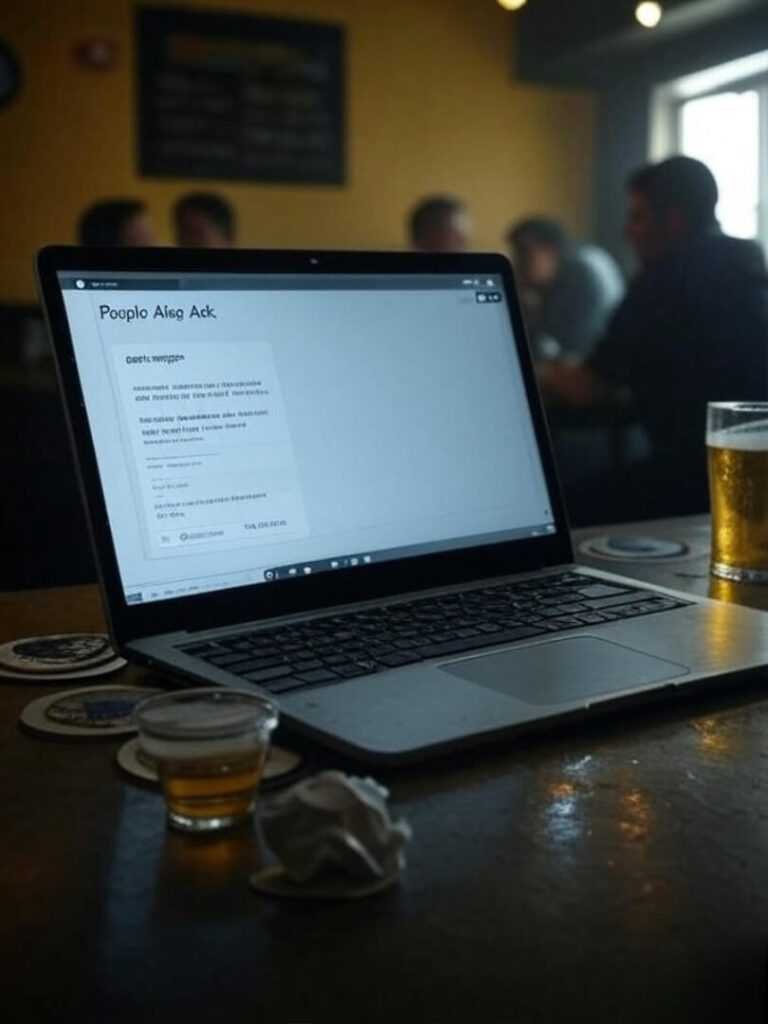 Shaky bar table with laptop, spilled beer, coasters.