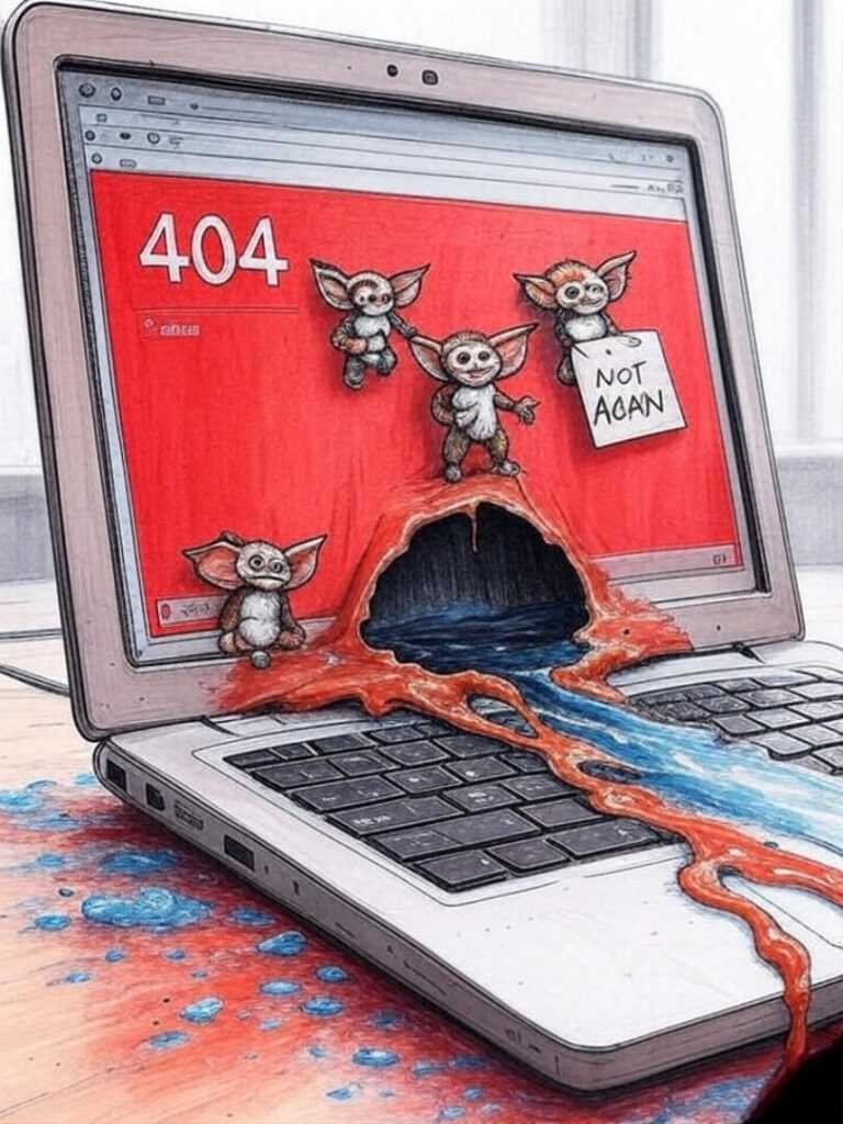 Laptop erupts 404 errors; gremlins gnaw amid coffee spill
