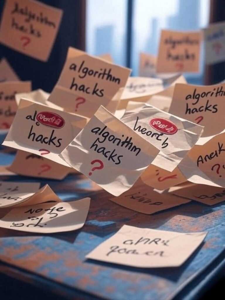 Crumpled Post-its with "algorithm hacks" and question marks.