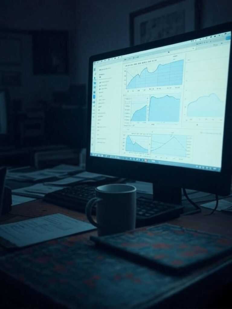 Dimly lit room with CTR screen and coffee mug.