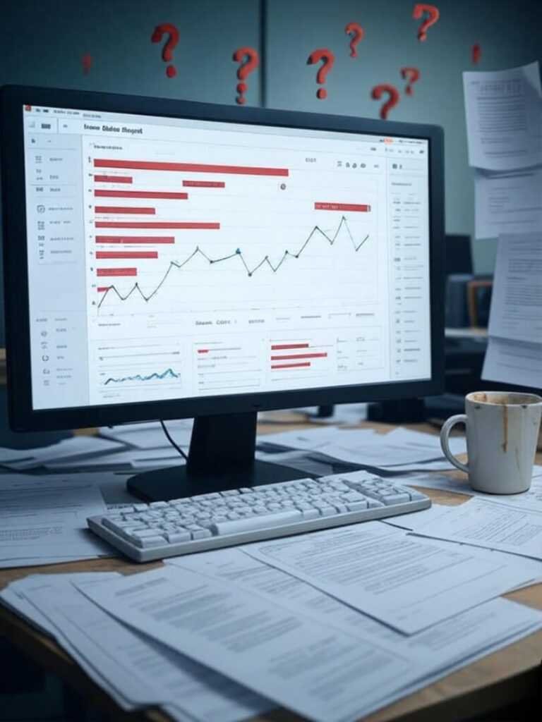 Failed analytics dashboard with red errors, coffee stains.