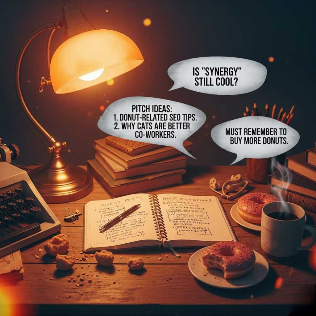 Desk view: notebook, donut crumbs, and humorous speech bubbles
