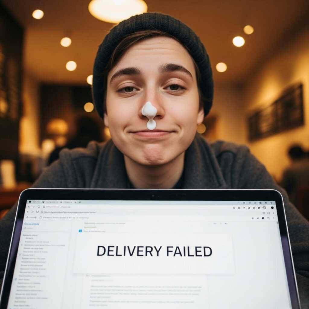 Selfie with latte foam, failed outreach email on laptop