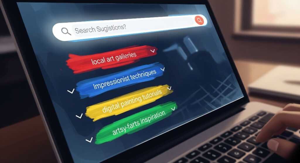 Laptop screen with colorful, tailored search suggestions.