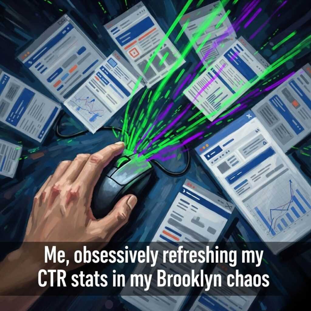Hand clicking mouse, browser tabs, "Brooklyn chaos.