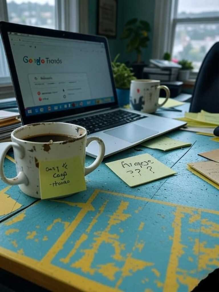 Shaky desk photo: laptop, chipped mug, smudged AI note.