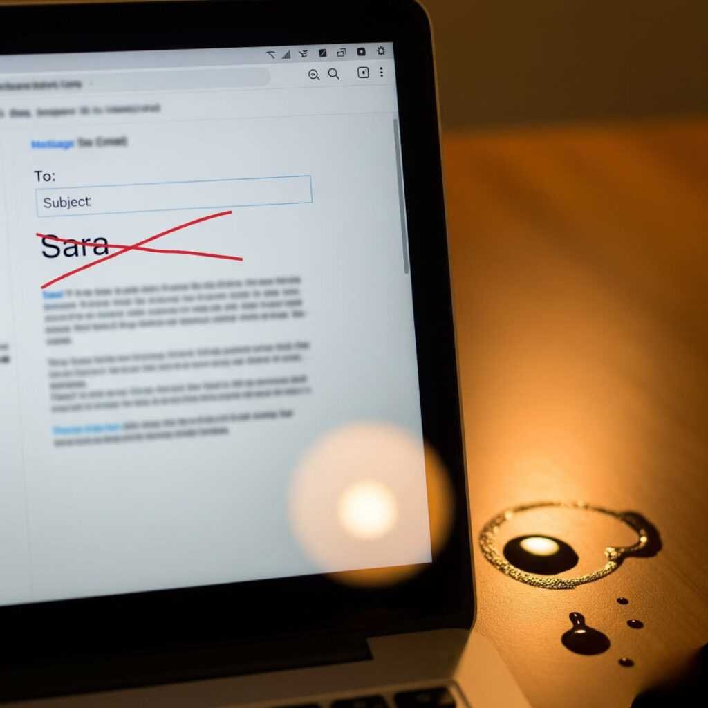 Laptop screen with a coffee spill, "Sara" crossed out