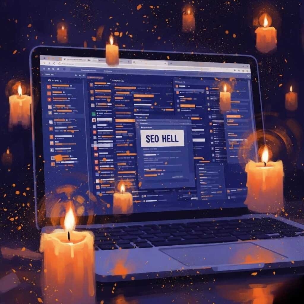 Laptop with "SEO Hell" tab and floating candles.