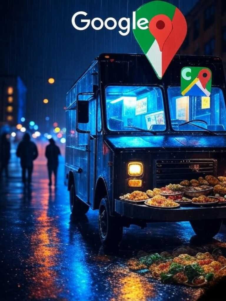 Rainy street, neon food truck, floating Google Maps pin.