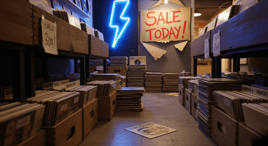 Record shop interior, neon sign, "Sale Today!" sign.