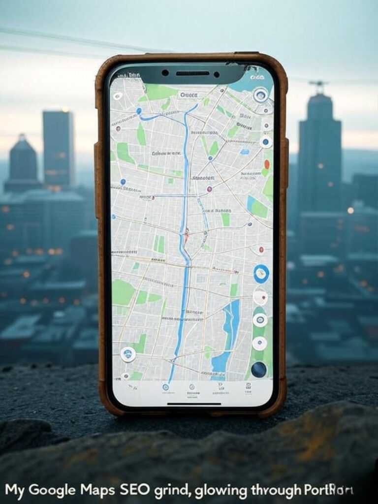 Phone showing Google Maps, misty Portland skyline.