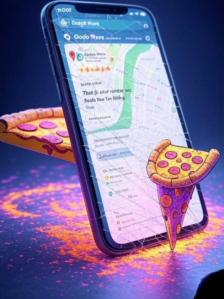 Shaky phone, glowing 5-star review, winking pizza box, neon.