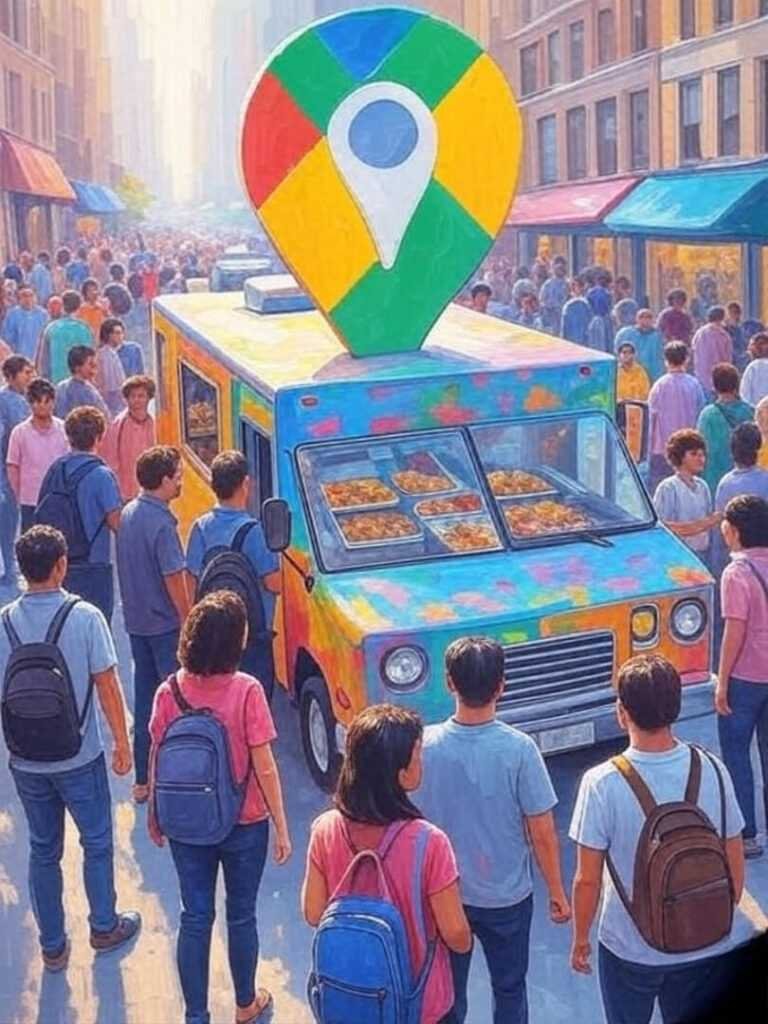 Food truck, crowd, floating Google Maps pin art.