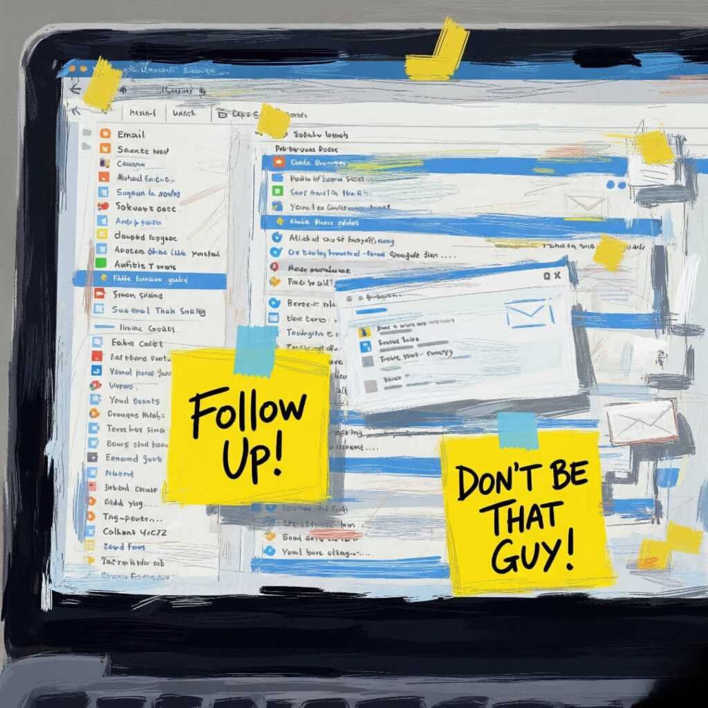 Laptop screen with messy email inbox and "Follow Up!" sticky notes