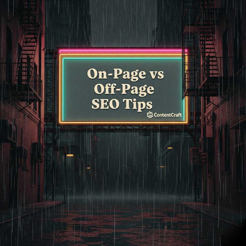 A retro illustration of a neon SEO billboard in the rain