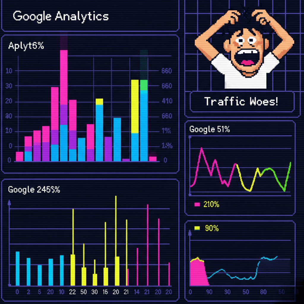 Retro Google Analytics dashboard with frantic doodle.