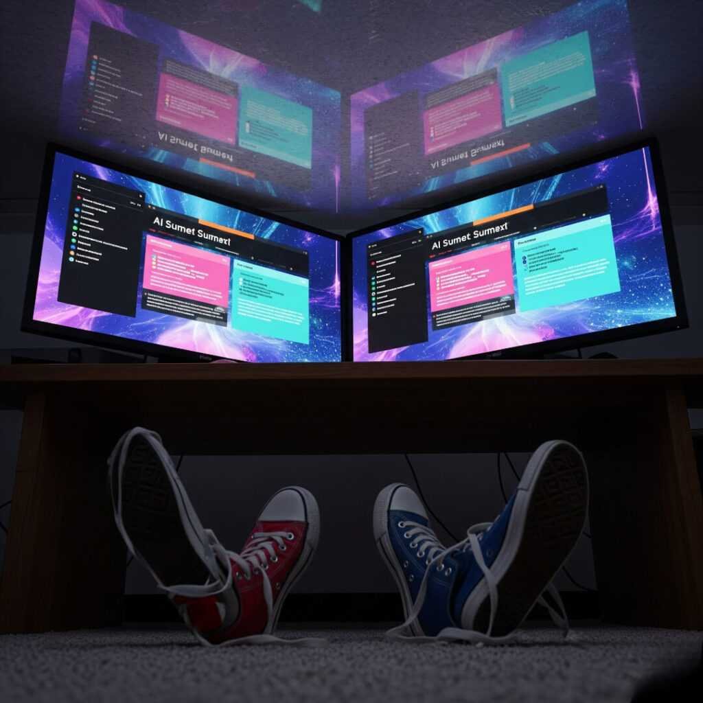 Under desk: screens glow, sneakers off