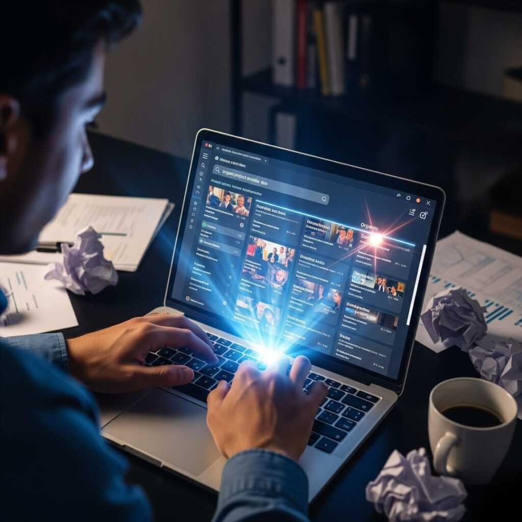 Typing: glowing SERP results on laptop