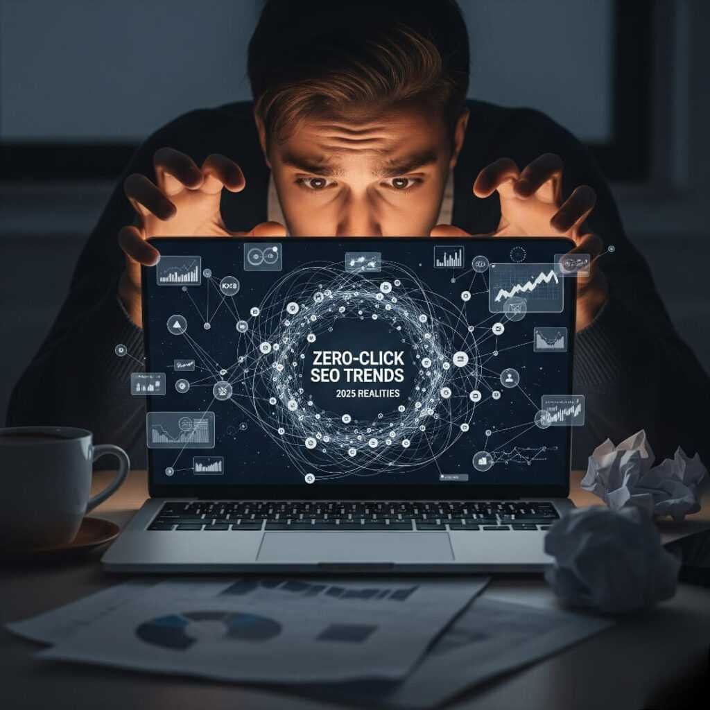 Man grasping glowing laptop, zero-click SEO